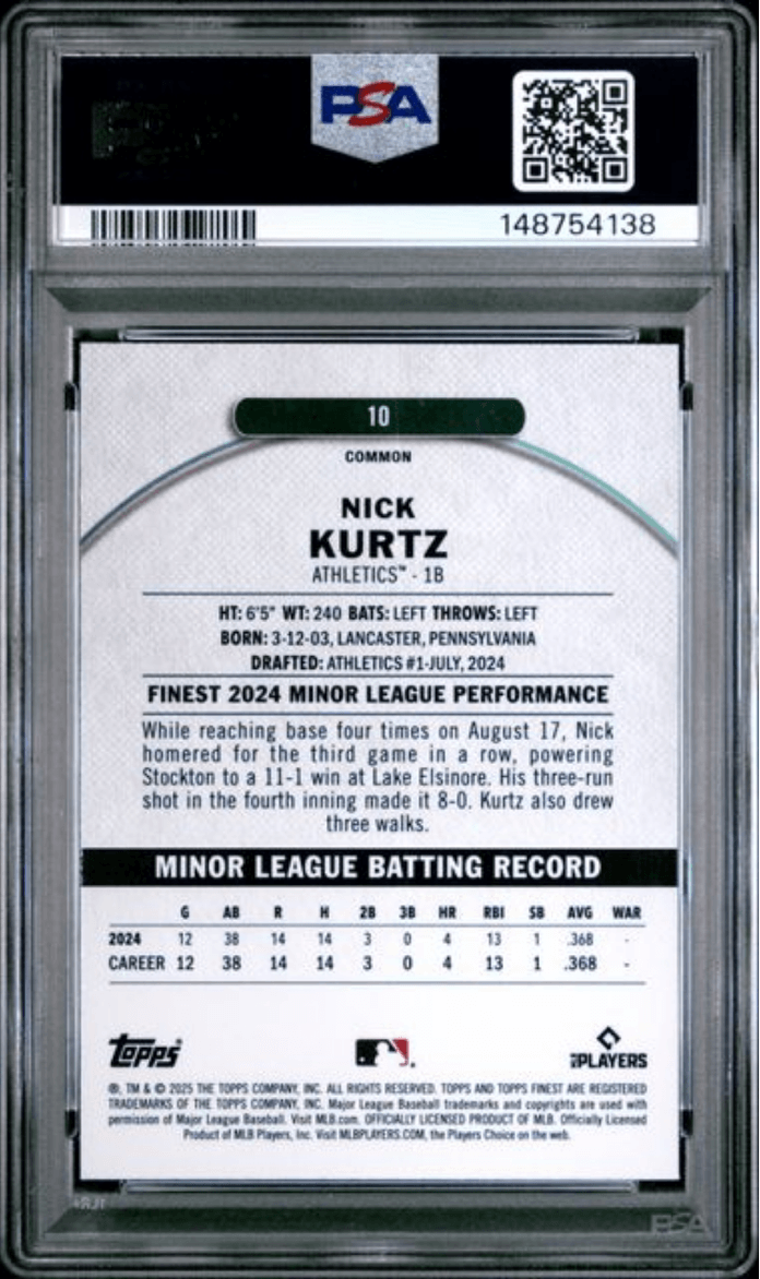 Graded 2025 Topps Finest Nick Kurtz #10 Checkerboard Refractor Rookie RC Baseball Card PSA 10 Gem Mint