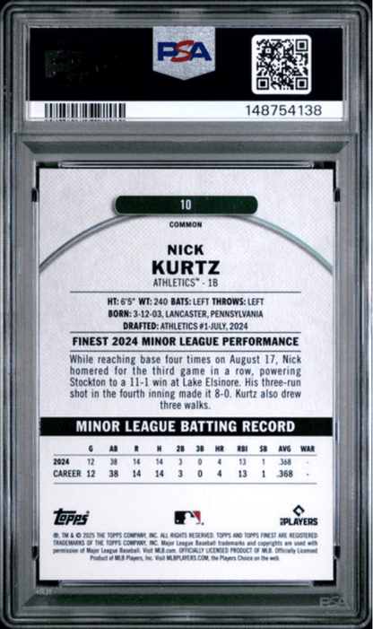 Graded 2025 Topps Finest Nick Kurtz #10 Checkerboard Refractor Rookie RC Baseball Card PSA 10 Gem Mint