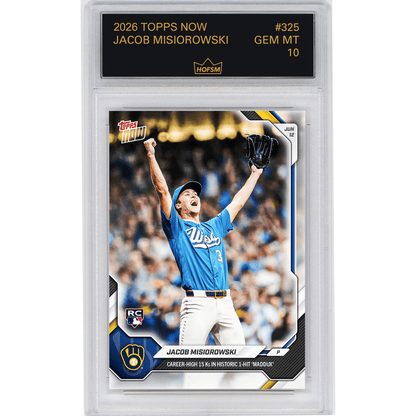 Graded 2026 Topps Now Jacob Misiorowski #325 Career High 15Ks in Historic 1 Hit 'Maddux' Milwaukee Brewers Rookie RC Baseball Card HOFSM 10 Gem Mint