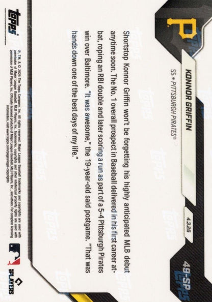 2026 Topps Now Konnor Griffin #49SP 19 Year Old Top Prospects 1st MLB At Bat is RBI Double Pittsburgh Pirates Rookie RC Baseball Card