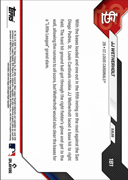 2026 Topps Now JJ Wetherholt #181 Little League Grand Slam Sparks Cardinals to Victory St Louis Cardinals Rookie RC Baseball Card