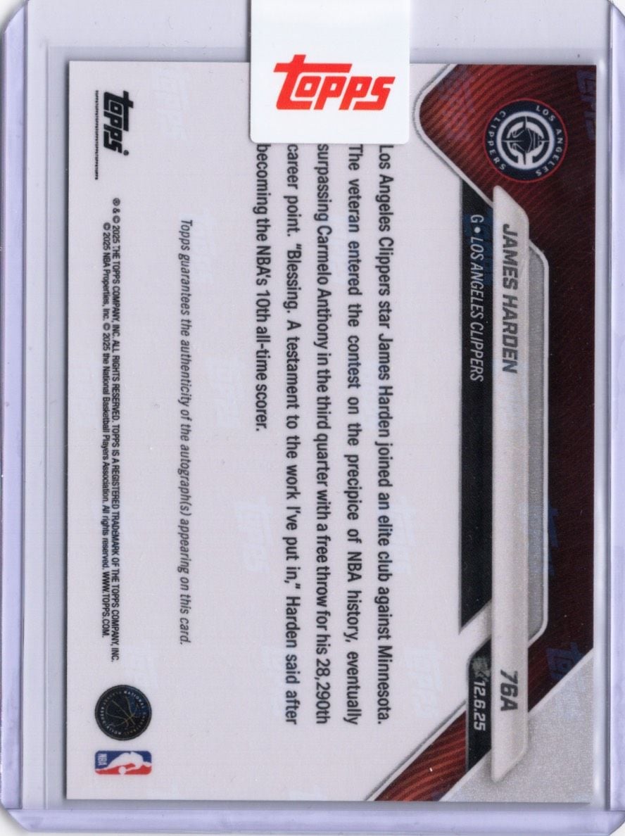 2025 Topps Now James Harden #76A Black Foil Auto /10 'The Beard' Enters Top 10 of NBA All Time Scorers Los Angeles Clippers Basketball Card