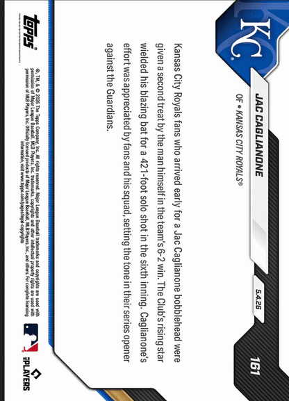 2026 Topps Now Jac Caglianone #161 Gold Foil /50 Blazing Bat Shines with Home Run on Bobblehead Night Kansas City Royals Rookie RC Baseball Card
