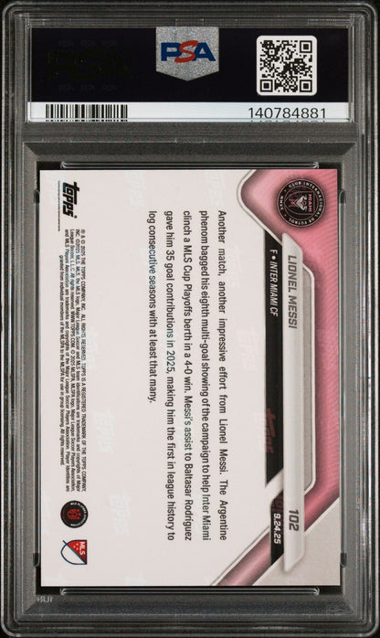 Graded 2025 Topps Now MLS Lionel Messi #102 1st With Consecutive 35+ Goal Contributions Soccer Card PSA 10 Gem Mint
