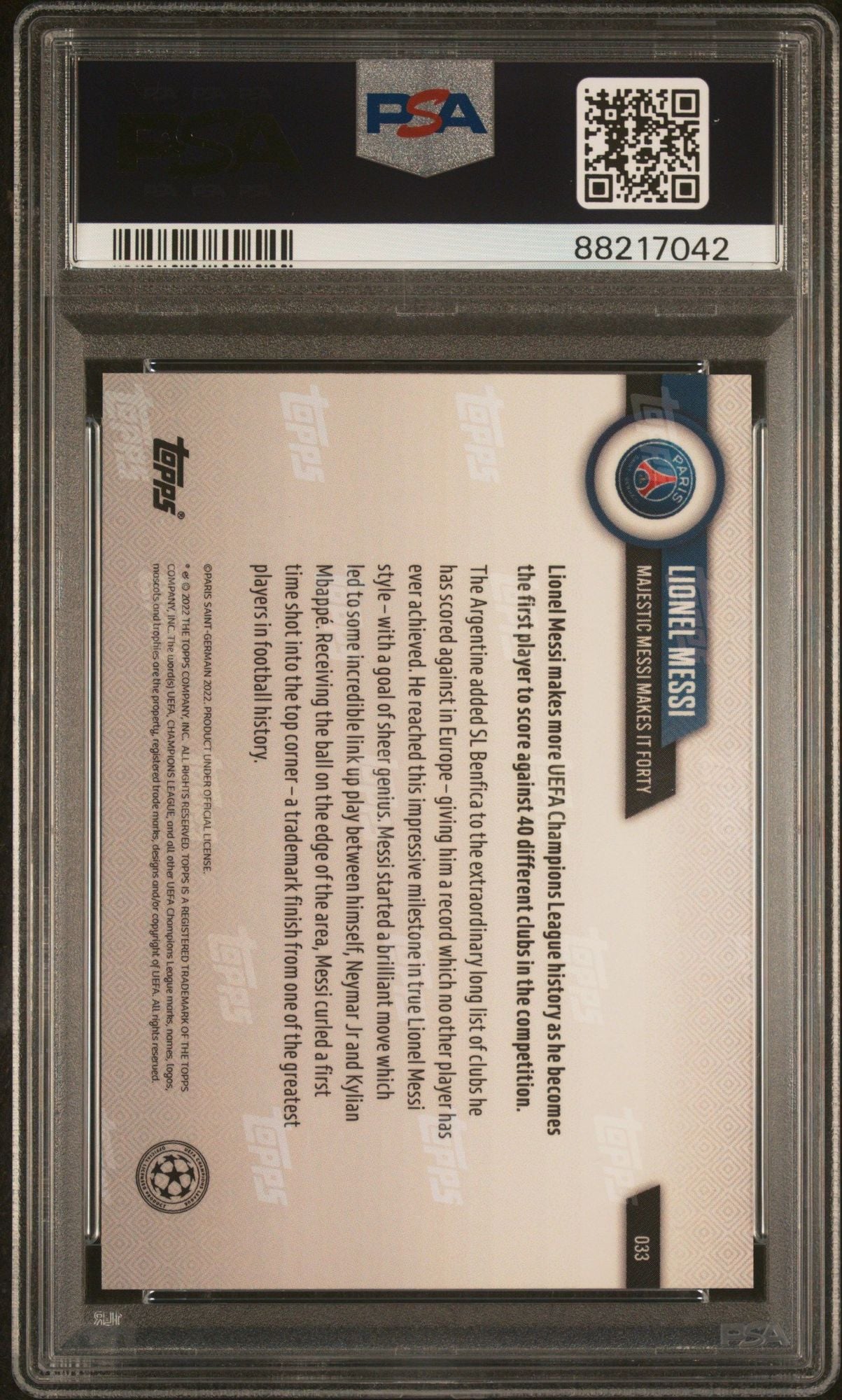 Graded 2022 Topps Now UCL Lionel Messi #33 UEFA Champions League Soccer Card PSA 10 Gem Mint