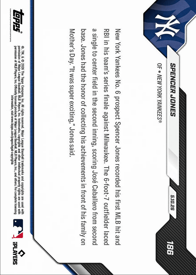 2026 Topps Now Spencer Jones #186 Yankees Number 6 Prospect Logs 1st MLB Hit and RBI New York Yankees Rookie RC Baseball Card