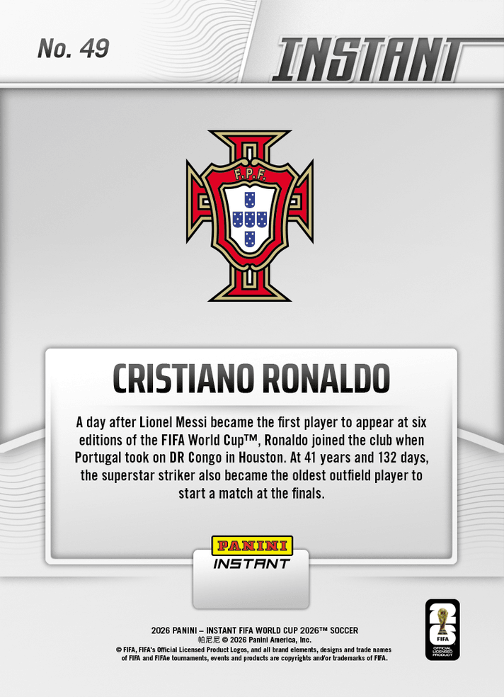 2026 Panini Instant FIFA World Cup Cristiano Ronaldo #49 Record Setting Ronaldo Back for More Portugal Soccer Card