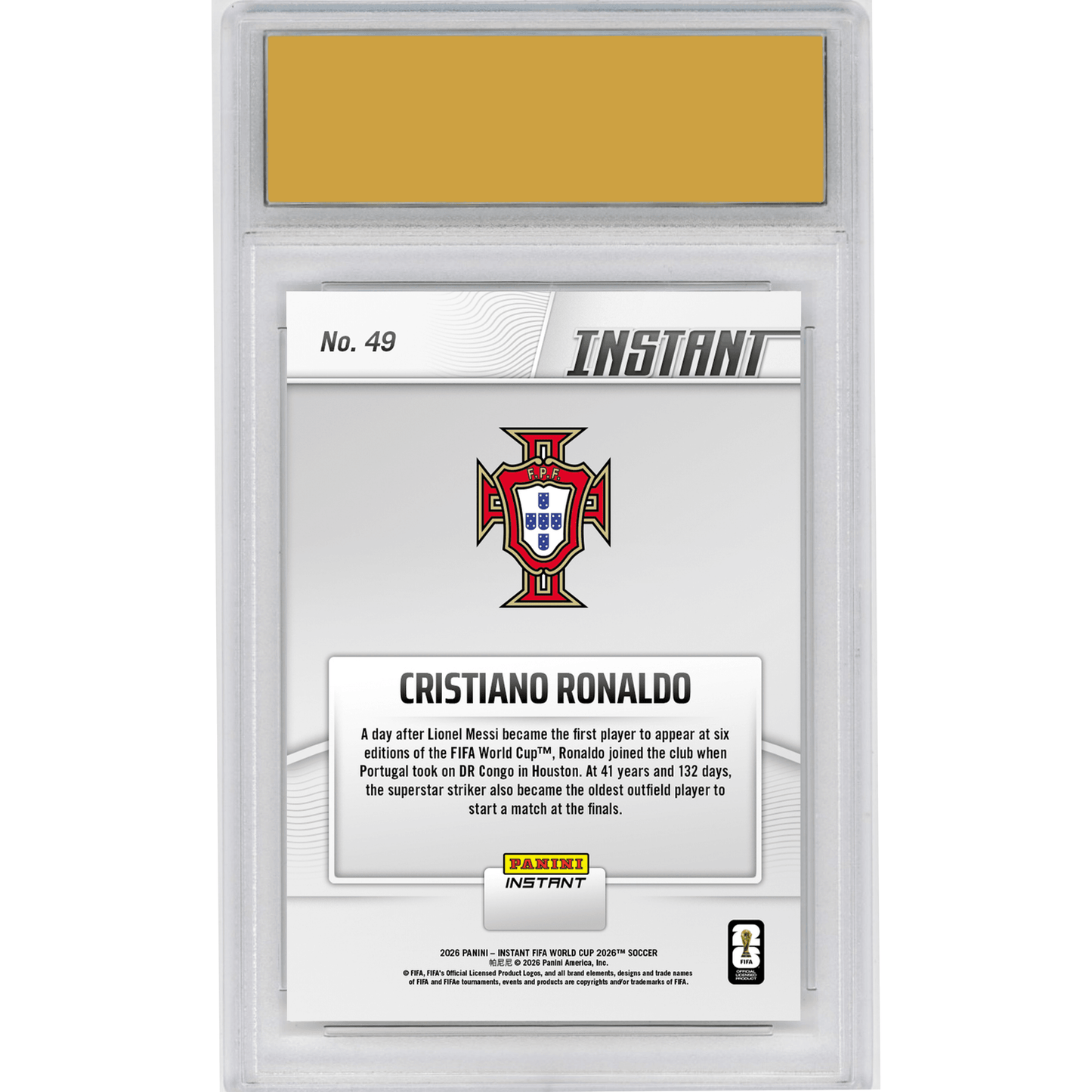 Graded 2026 Panini Instant FIFA World Cup Cristiano Ronaldo #49 Record Setting Ronaldo Back for More Portugal Soccer Card HOFSM 10 Gem Mint