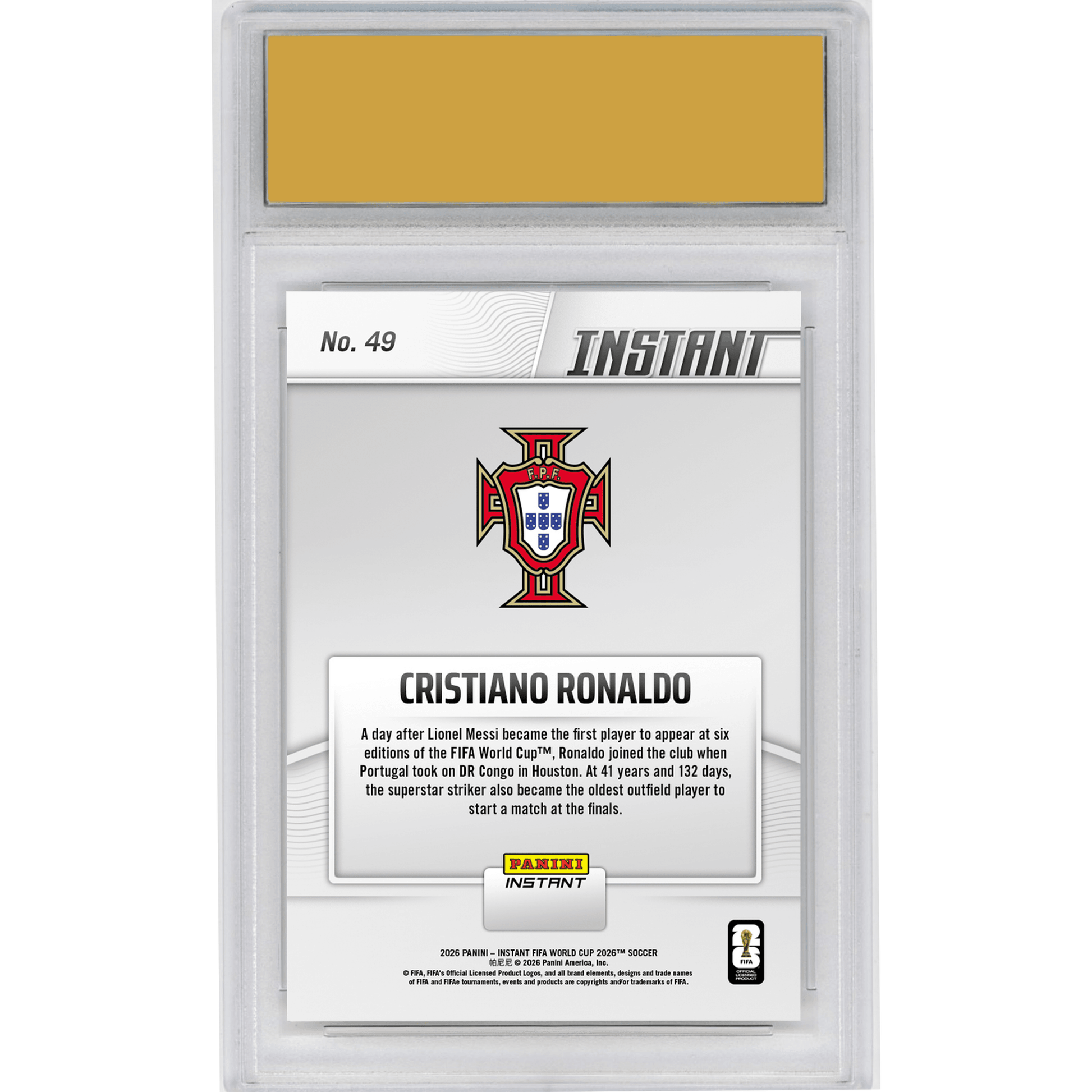 Graded 2026 Panini Instant FIFA World Cup Cristiano Ronaldo #49 Record Setting Ronaldo Back for More Portugal Soccer Card HOFSM 10 Gem Mint