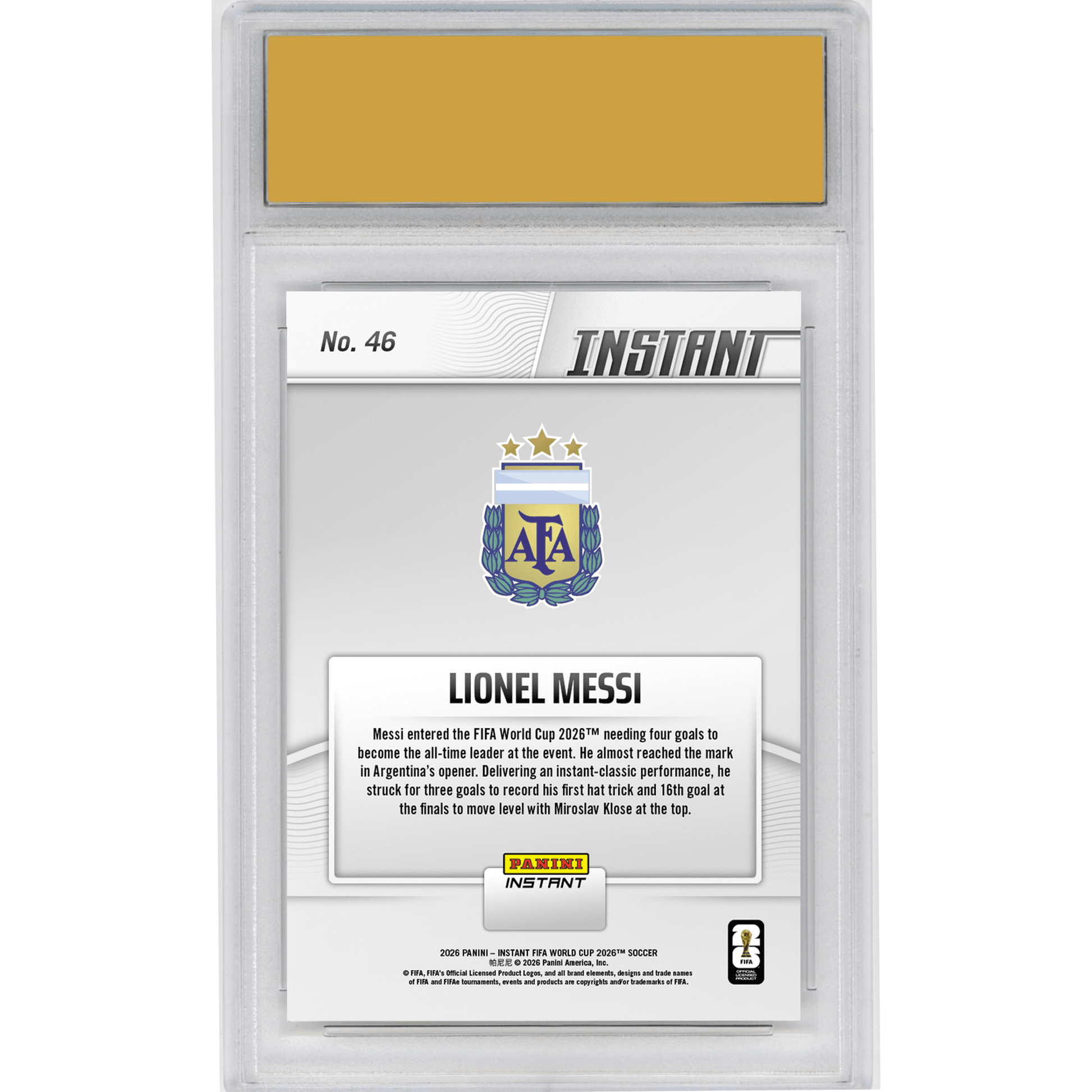 Graded 2026 Panini Instant FIFA World Cup Lionel Messi #46 Hats Off: Magical Messi Ties Goals Record Argentina Soccer Card HOFSM 10 Gem Mint