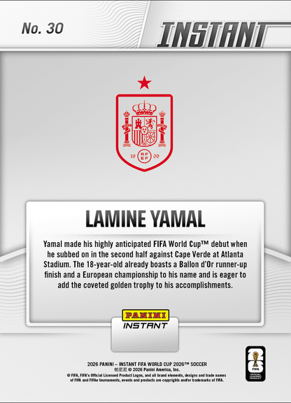 2026 Panini Instant FIFA World Cup Lamine Yamal #30 Spanish Starlet Struts Stuff On Big Stage Spain Soccer Card
