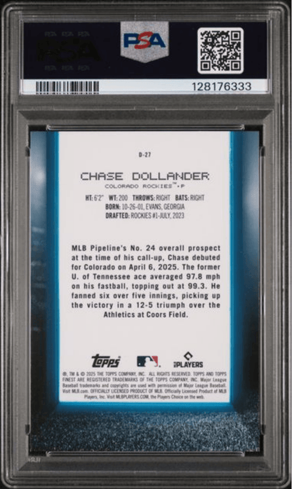 Graded 2025 Topps Finest Chase Dollander #D27 Debut Purple Refractor /125 Rookie RC Baseball Card PSA 10 Gem Mint
