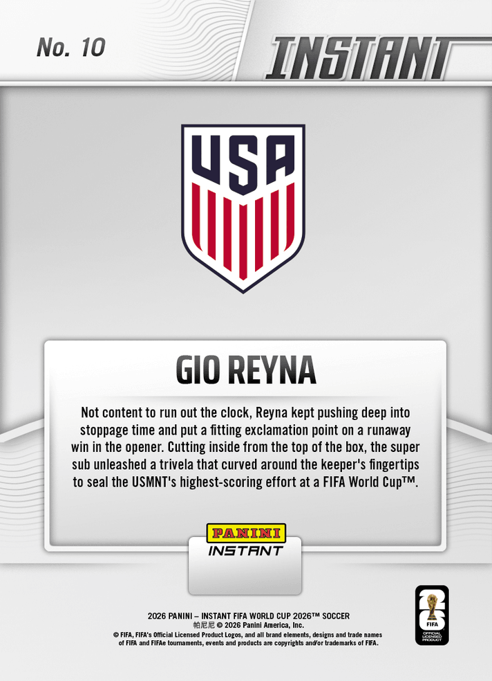 2026 Panini Instant FIFA World Cup Gio Reyna #10 Reyna Rolls Credits with Smash Hit USA Soccer Card