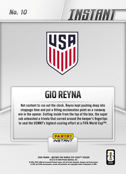 2026 Panini Instant FIFA World Cup Gio Reyna #10 Reyna Rolls Credits with Smash Hit USA Soccer Card