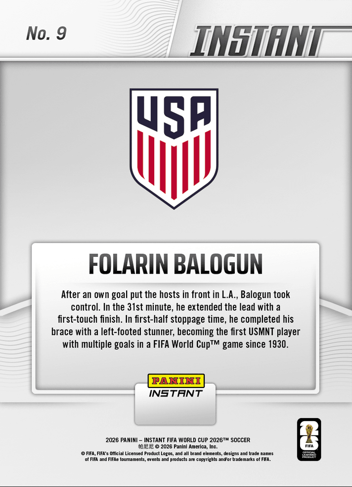 2026 Panini Instant FIFA World Cup Folarin Balogun #9 Balogun In LA LA Land with Blockbuster Debut USA Soccer Card