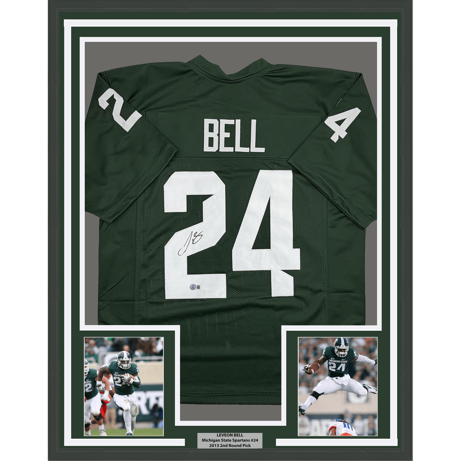 Framed Autographed/Signed Le'Veon LeVeon Bell 35x39 Michigan State Green College Football Jersey Beckett BAS COA