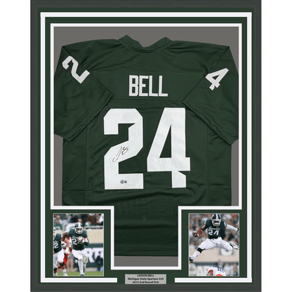 Framed Autographed/Signed Le'Veon LeVeon Bell 35x39 Michigan State Green College Football Jersey Beckett BAS COA