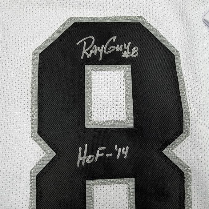 Framed Autographed/Signed Ray Guy HOF 14 35x39 Oakland Las Vegas White Football Jersey JSA COA