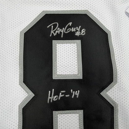 Framed Autographed/Signed Ray Guy HOF 14 35x39 Oakland Las Vegas White Football Jersey JSA COA