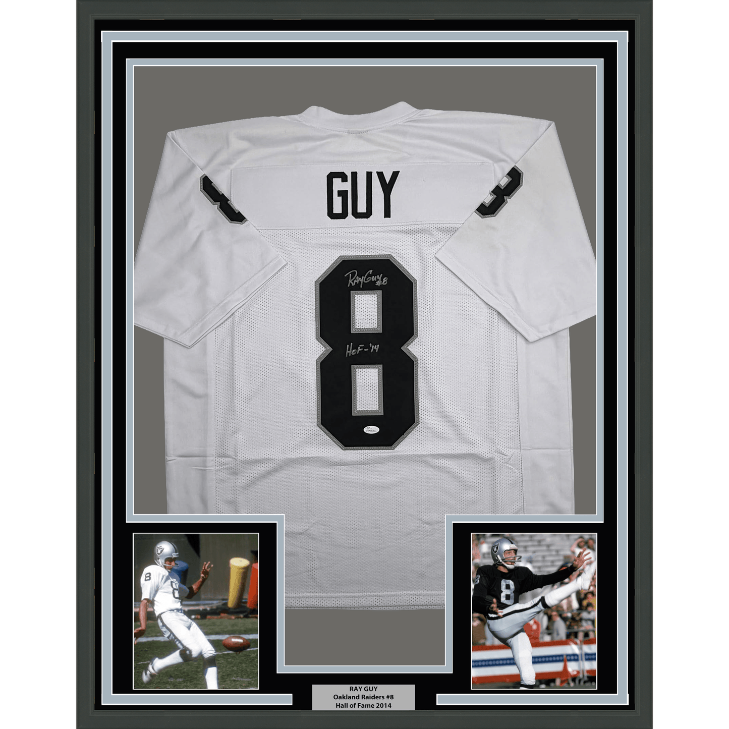 Framed Autographed/Signed Ray Guy HOF 14 35x39 Oakland Las Vegas White Football Jersey JSA COA