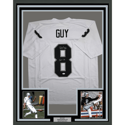 Framed Autographed/Signed Ray Guy HOF 14 35x39 Oakland Las Vegas White Football Jersey JSA COA
