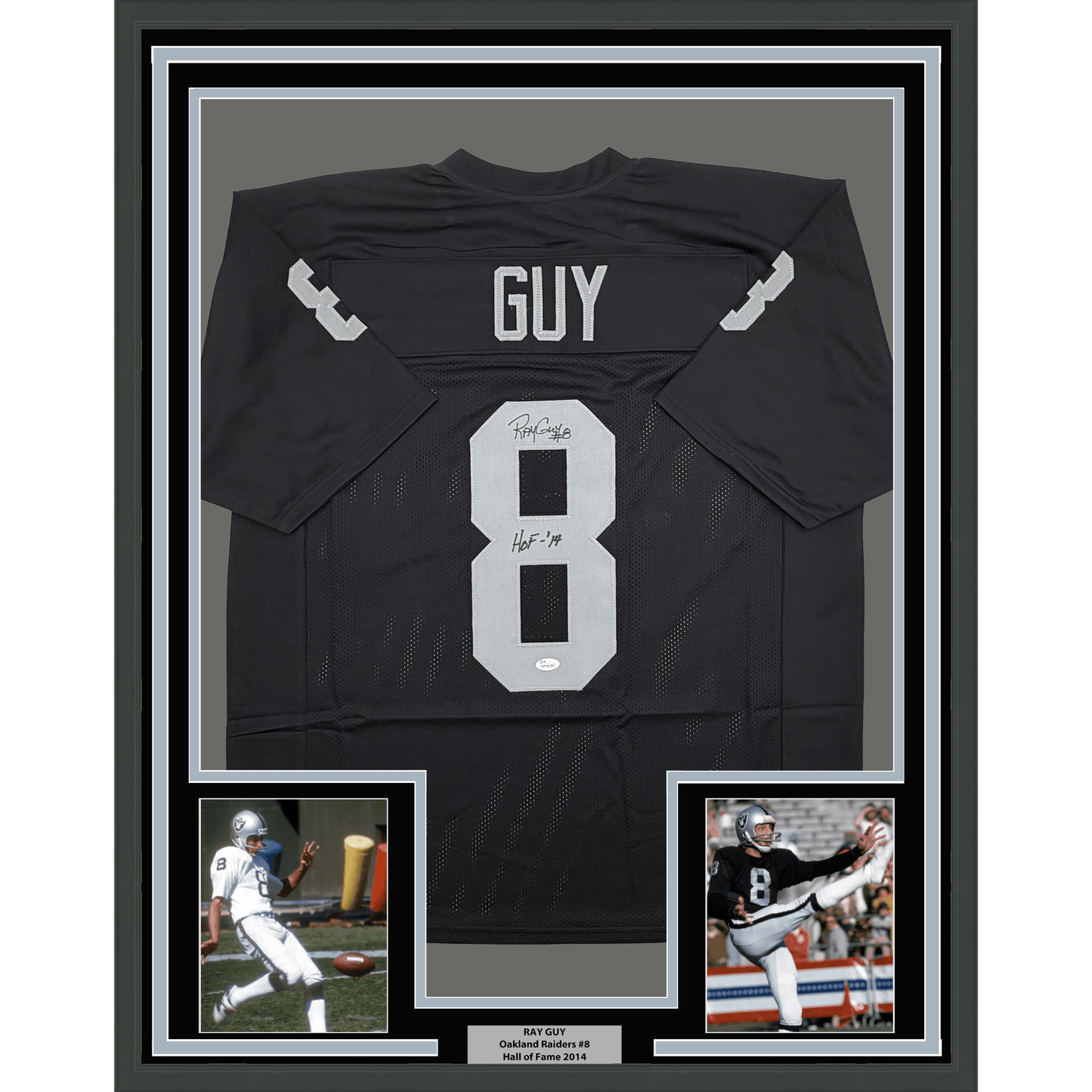 Framed Autographed/Signed Ray Guy HOF 14 35x39 Oakland Las Vegas Black Football Jersey JSA COA