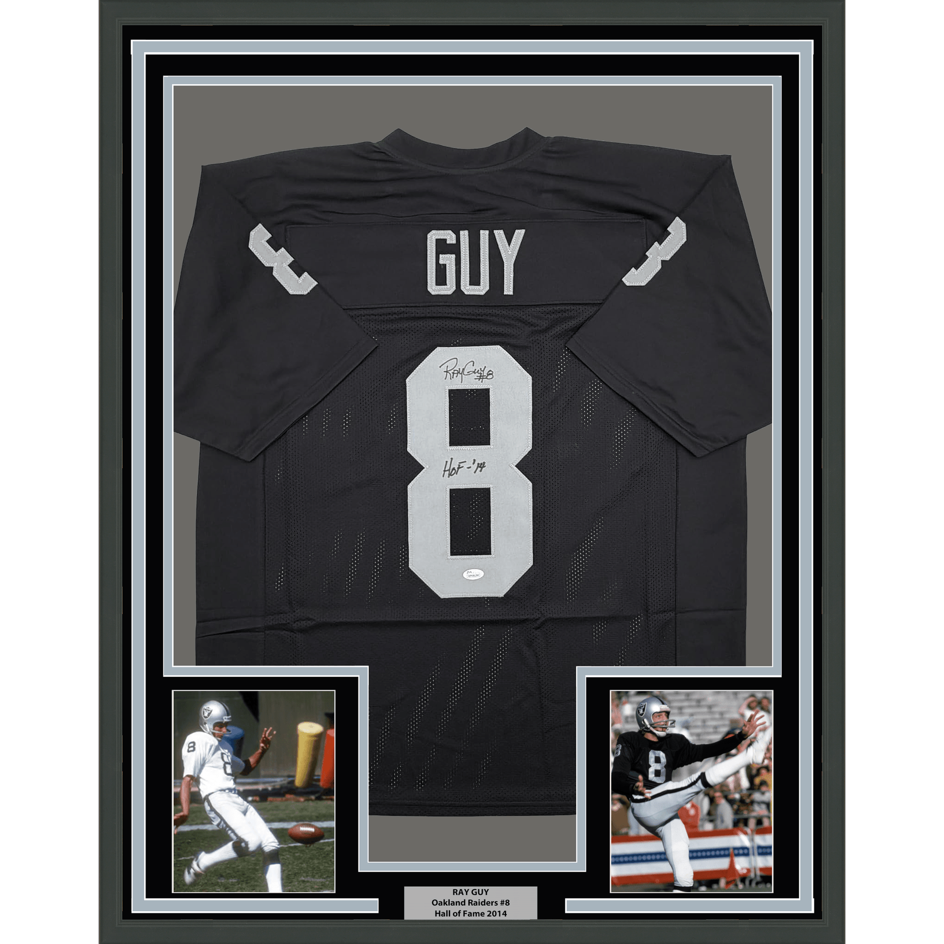 Framed Autographed/Signed Ray Guy HOF 14 35x39 Oakland Las Vegas Black Football Jersey JSA COA