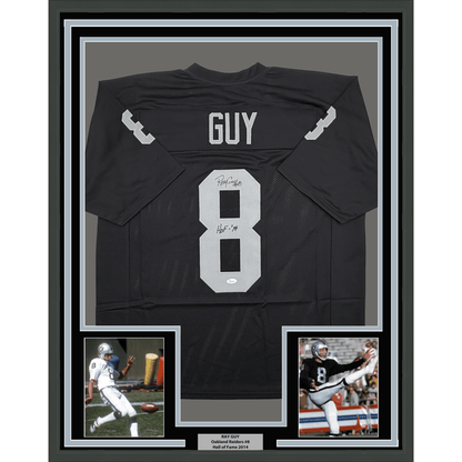 Framed Autographed/Signed Ray Guy HOF 14 35x39 Oakland Las Vegas Black Football Jersey JSA COA