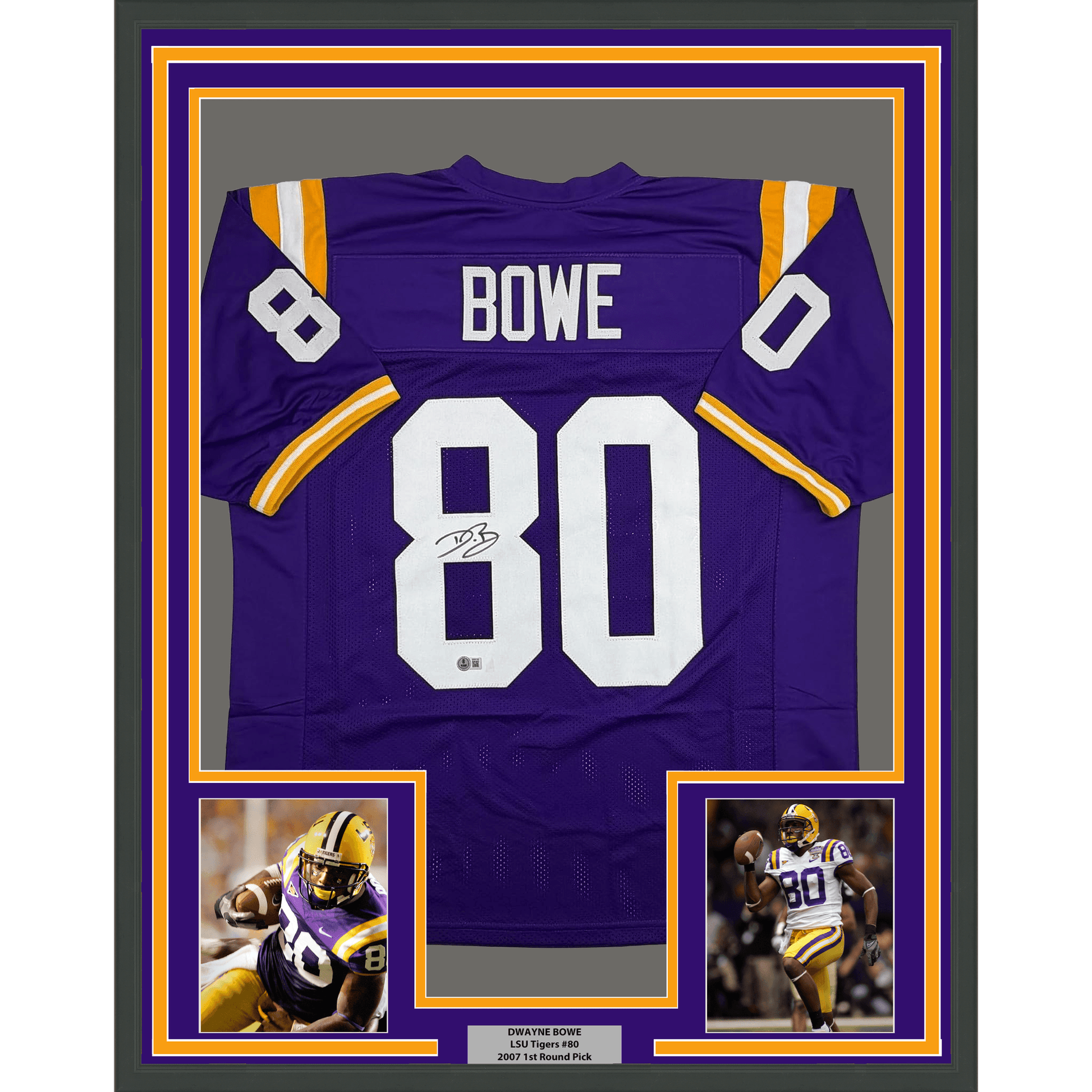 Framed Autographed/Signed Dwayne Bowe 35x39 LSU Purple College Football Jersey Beckett BAS COA