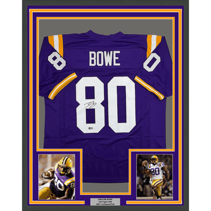 Framed Autographed/Signed Dwayne Bowe 35x39 LSU Purple College Football Jersey Beckett BAS COA