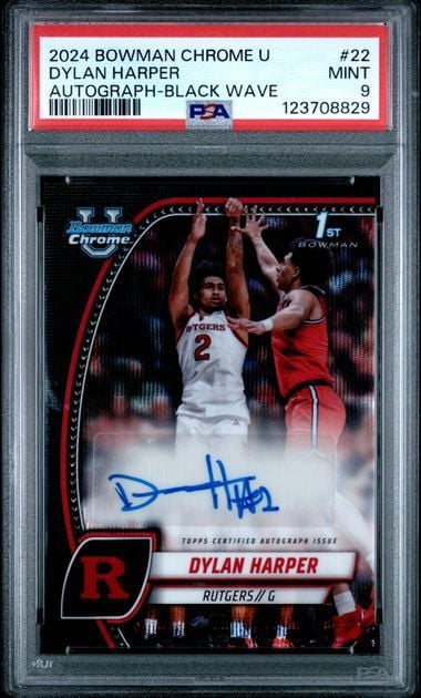 Graded 2024 Topps Bowman Chrome U Dylan Harper #22 Black Wave Autograph Rookie RC Basketball Card PSA 9 Mint