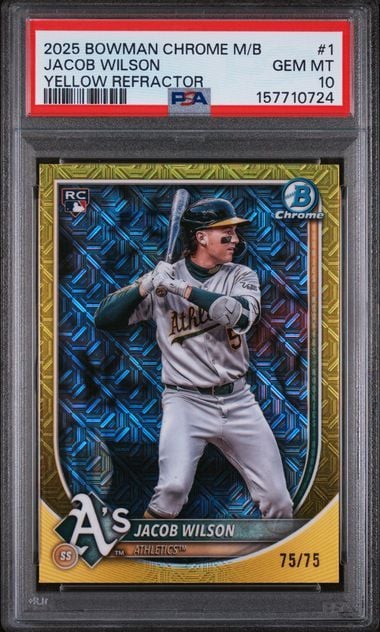 Graded 2025 Bowman Chrome Mega Box Jacob Wilson #1 75/75 Yellow Refractor Rookie RC Baseball Card PSA 10 Gem Mint