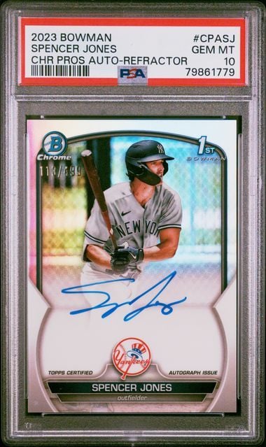 Graded 2023 Bowman Chrome Spencer Jones #CPASJ /499 Chrome Prospects Auto Refractor 1st Bowman Rookie RC Baseball Card PSA 10 Gem Mint