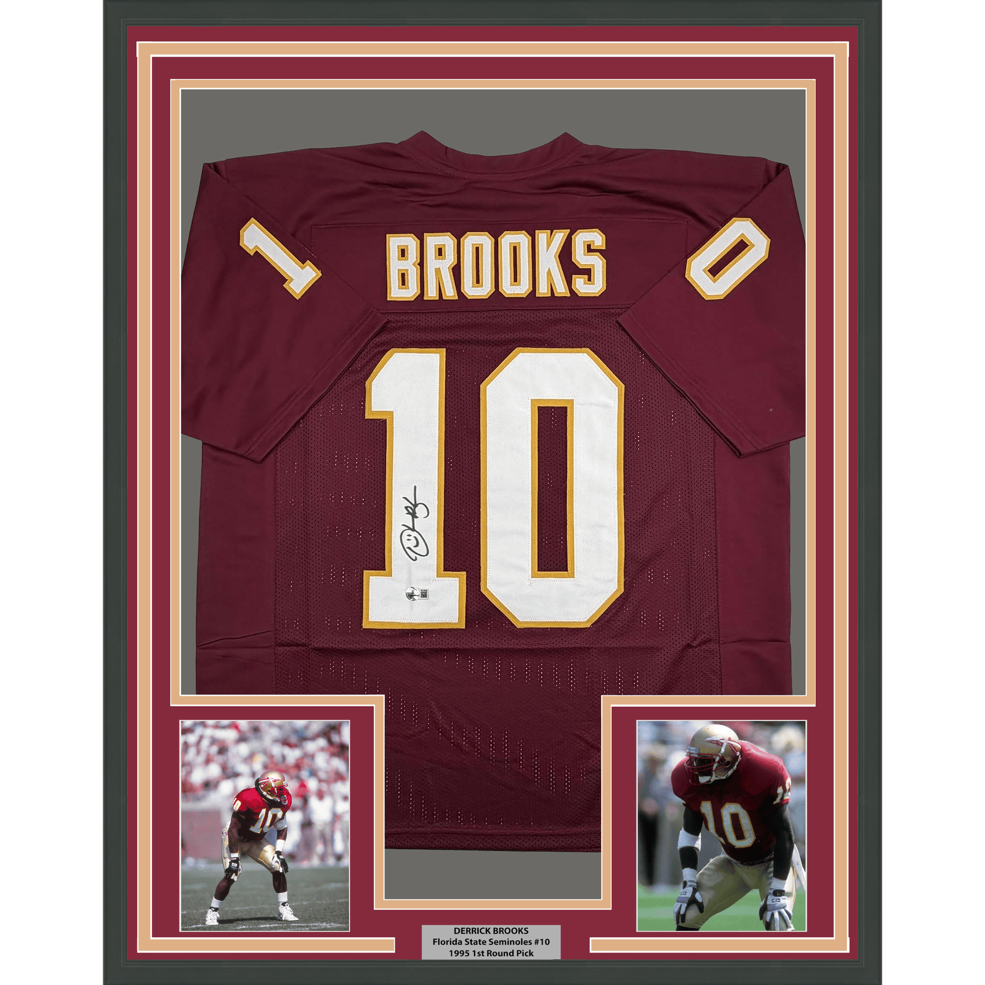 Framed Autographed/Signed Derrick Brooks 35x39 Florida State FSU Maroon College Football Jersey Beckett BAS COA