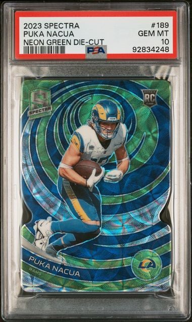 Graded 2023 Panini Spectra Puka Nacua #189 /30 Neon Green Die Cut Rookie RC Football Card PSA 10 Gem Mint