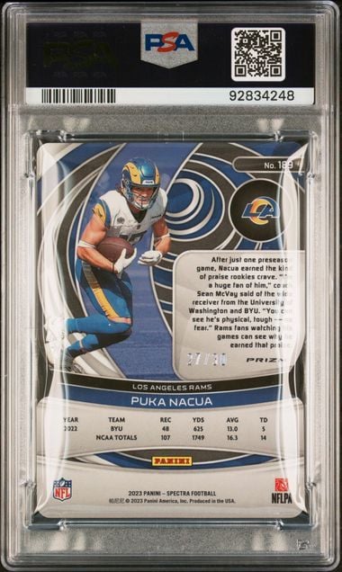 Graded 2023 Panini Spectra Puka Nacua #189 /30 Neon Green Die Cut Rookie RC Football Card PSA 10 Gem Mint
