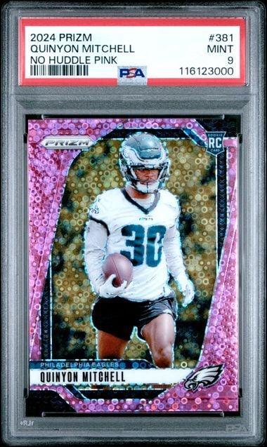 Graded 2024 Panini Prizm Quinyon Mitchell #381 /25 No Huddle Pink Rookie RC Football Card PSA 9 Mint