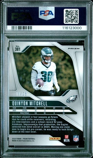 Graded 2024 Panini Prizm Quinyon Mitchell #381 /25 No Huddle Pink Rookie RC Football Card PSA 9 Mint