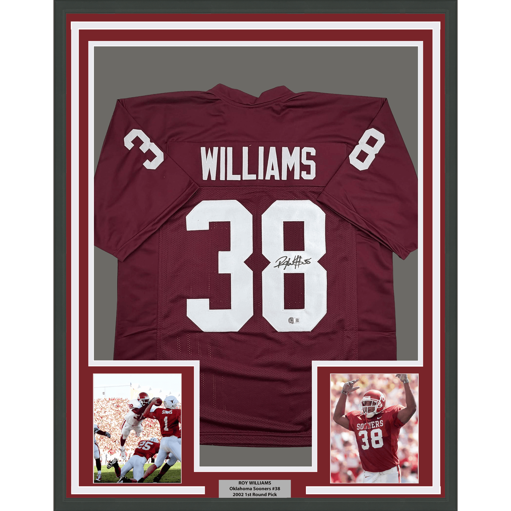 Framed Autographed/Signed Roy Williams 35x39 Oklahoma Maroon College Football Jersey Beckett BAS COA