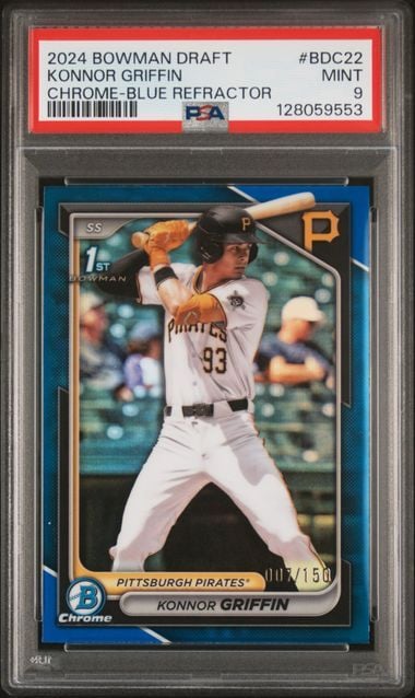 Graded 2025 Topps Bowman Draft Konnor Griffin #BDC22 /150 Blue Refractor 1st Bowman Rookie RC Baseball Card PSA 9 Mint