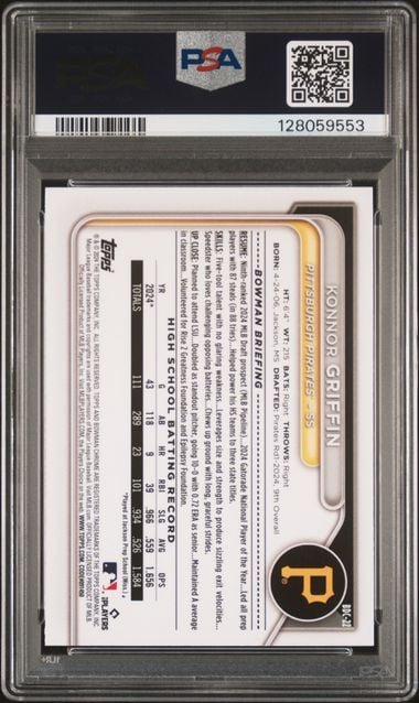 Graded 2025 Topps Bowman Draft Konnor Griffin #BDC22 /150 Blue Refractor 1st Bowman Rookie RC Baseball Card PSA 9 Mint