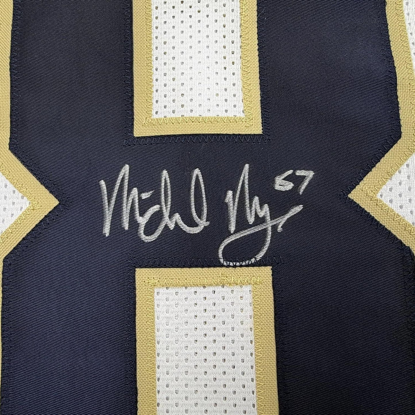 Framed Autographed/Signed Michael Mayer 35x39 Notre Dame White College Football Jersey Beckett BAS COA