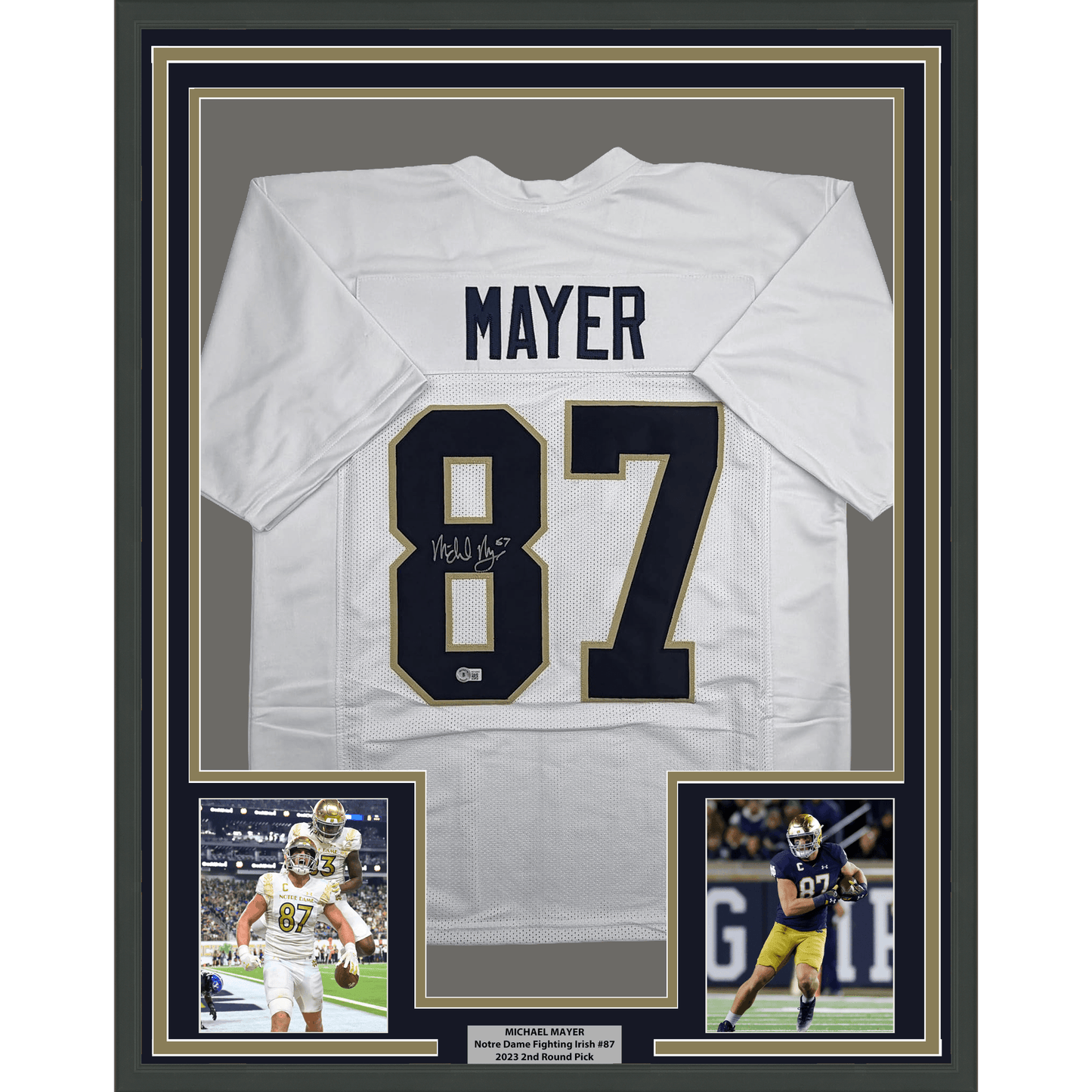 Framed Autographed/Signed Michael Mayer 35x39 Notre Dame White College Football Jersey Beckett BAS COA