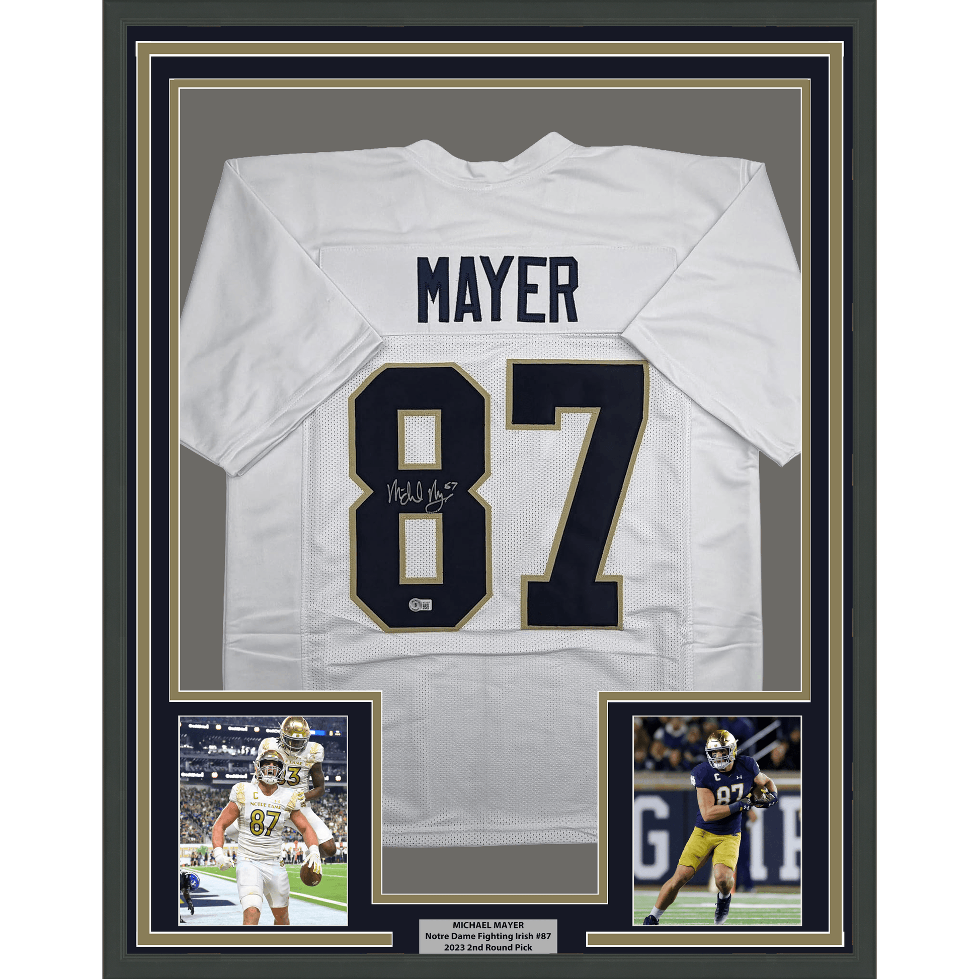 Framed Autographed/Signed Michael Mayer 35x39 Notre Dame White College Football Jersey Beckett BAS COA