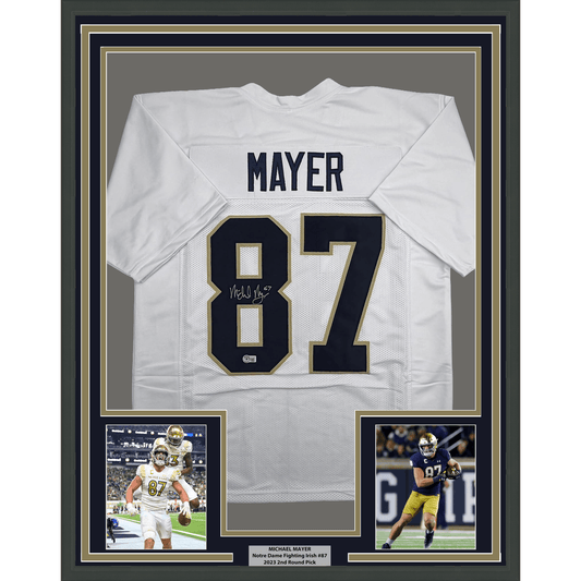 Framed Autographed/Signed Michael Mayer 35x39 Notre Dame White College Football Jersey Beckett BAS COA