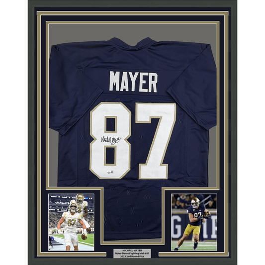 Framed Autographed/Signed Michael Mayer 35x39 Notre Dame Blue College Football Jersey Beckett BAS COA