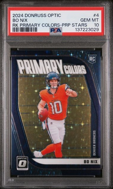 Graded 2024 Panini Donruss Optic Bo Nix #4 /25 Primary Colors Purple Stars Rookie RC Football Card PSA 10 Gem Mint