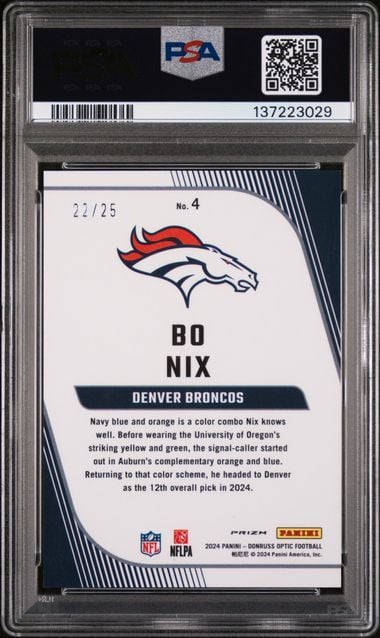 Graded 2024 Panini Donruss Optic Bo Nix #4 /25 Primary Colors Purple Stars Rookie RC Football Card PSA 10 Gem Mint