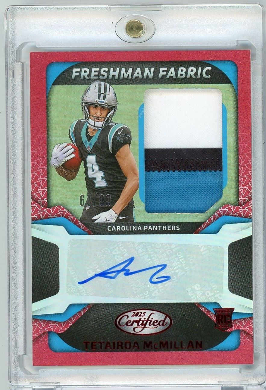 2025 Panini Certified Tetairoa McMillan #FBCTMN /99 Freshman Fabric RPA Auto Rookie RC Football Card