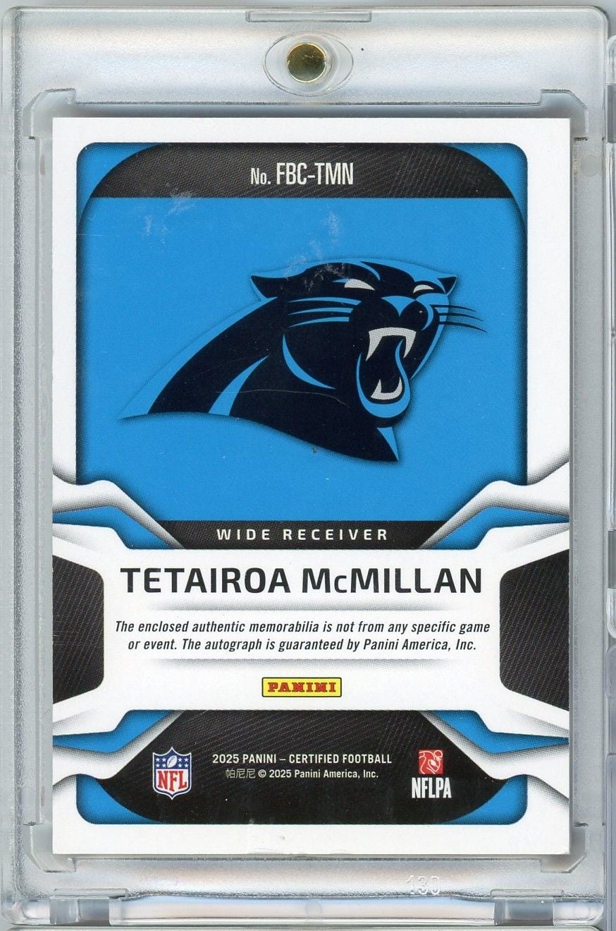 2025 Panini Certified Tetairoa McMillan #FBCTMN /99 Freshman Fabric RPA Auto Rookie RC Football Card